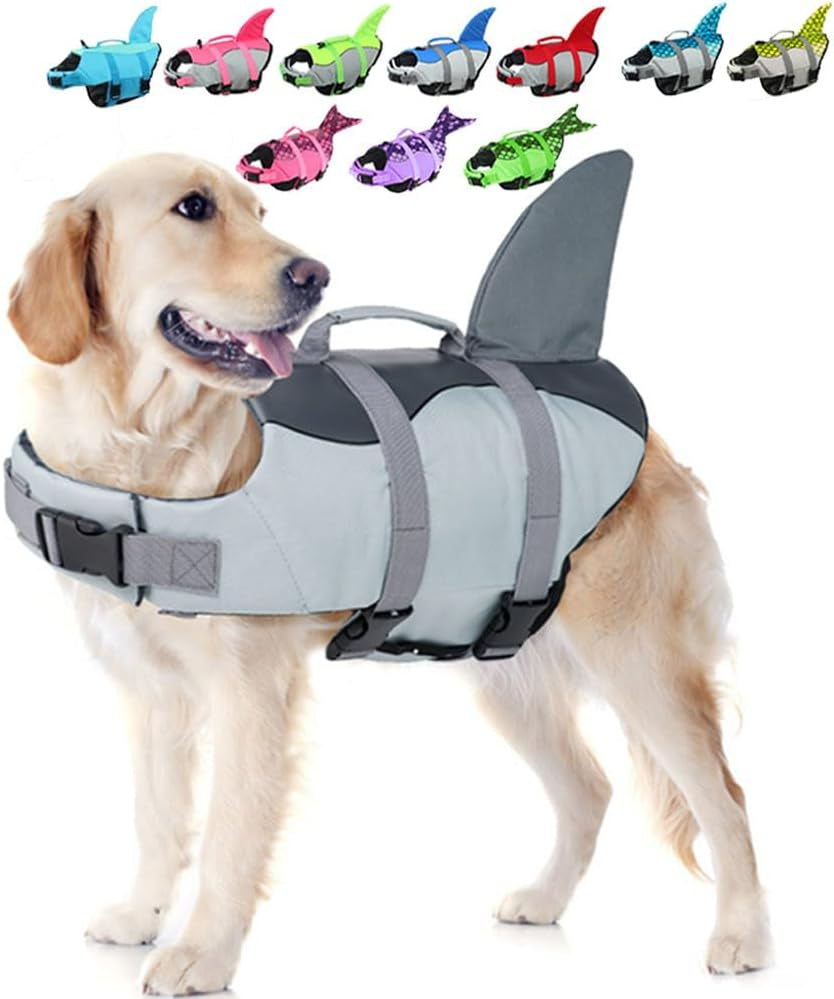 Shark Life Jackets for Dogs, Adjustable Ripstop Dog Life Vest for Water Safety Pet Lifes Vest with Rescue Handle Safety Vests for Swimming Pool Beach Boating, (L,Grey)