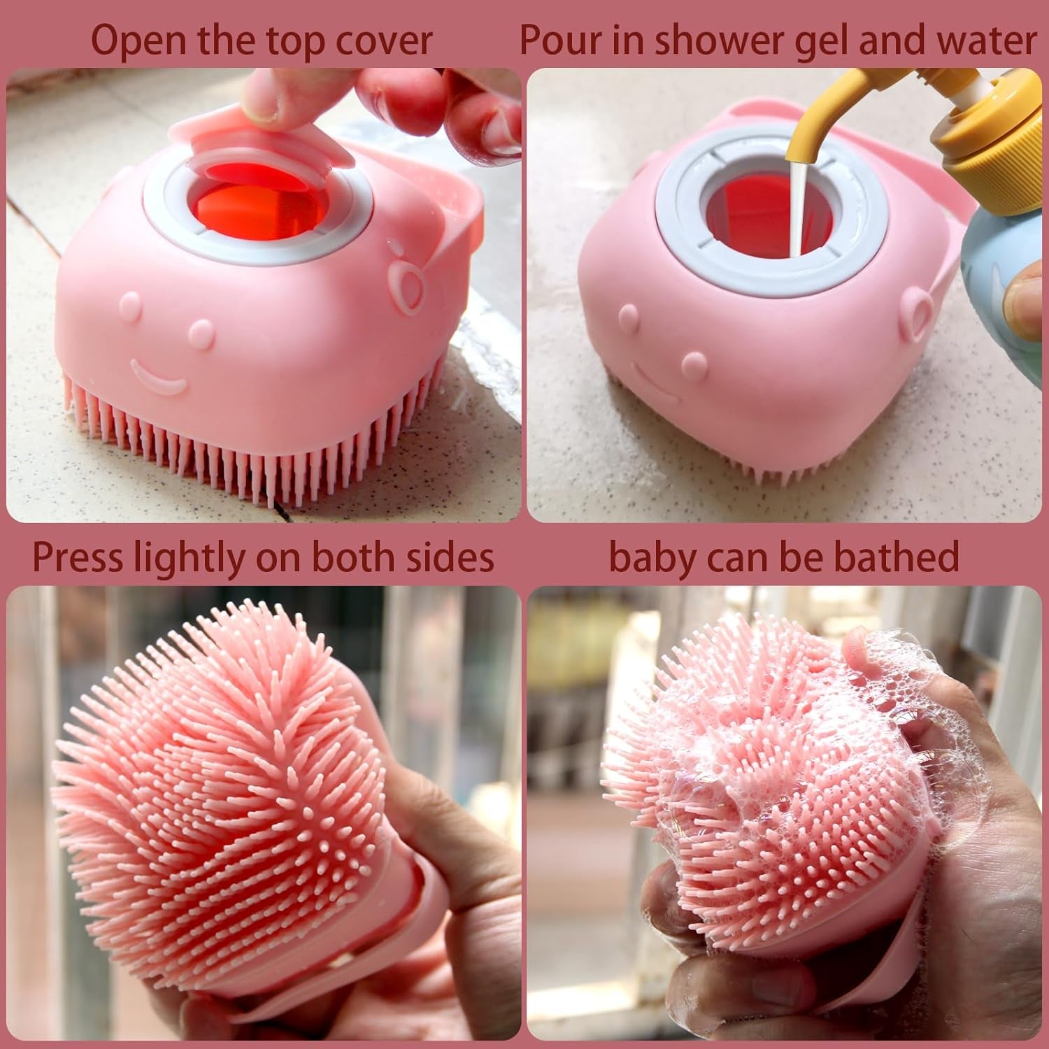Pet Bath Brush Dog Baths Brush Shampoo Dispenser Soft Silicone Dog Bathing Brushes Dogs Shampoo Brushes Scrubbers for Cats and Dogs Shower Brush Grooming (Pink)