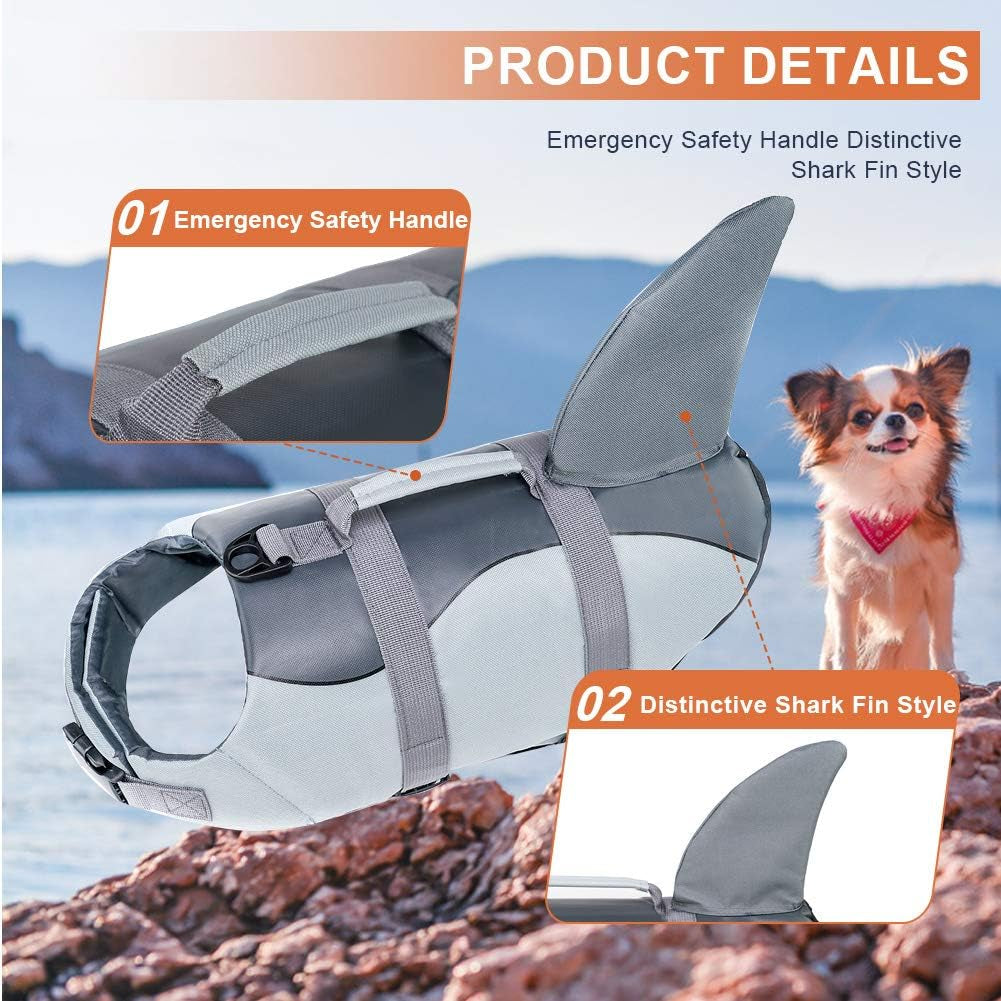 Shark Life Jackets for Dogs, Adjustable Ripstop Dog Life Vest for Water Safety Pet Lifes Vest with Rescue Handle Safety Vests for Swimming Pool Beach Boating, (L,Grey)