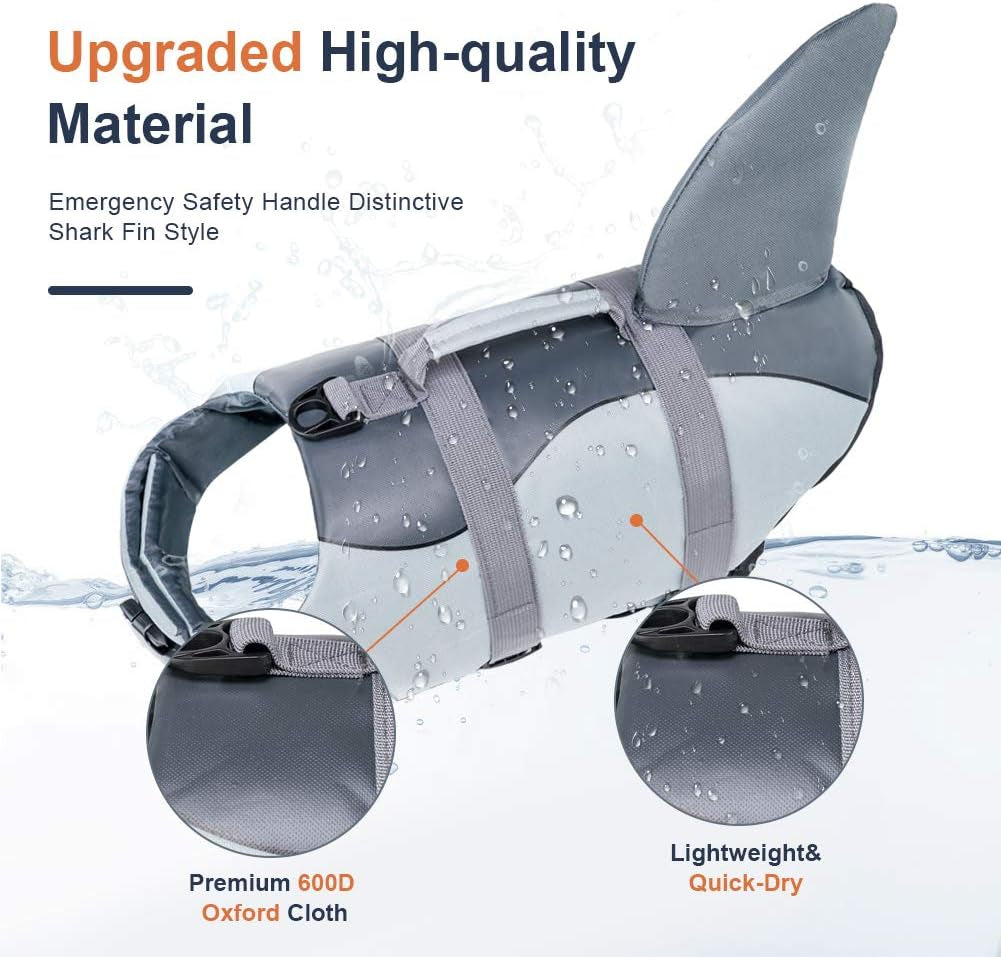 Shark Life Jackets for Dogs, Adjustable Ripstop Dog Life Vest for Water Safety Pet Lifes Vest with Rescue Handle Safety Vests for Swimming Pool Beach Boating, (L,Grey)