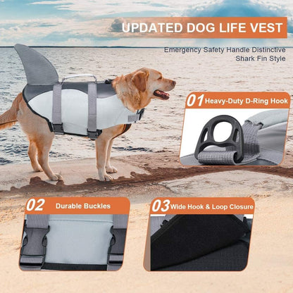 Shark Life Jackets for Dogs, Adjustable Ripstop Dog Life Vest for Water Safety Pet Lifes Vest with Rescue Handle Safety Vests for Swimming Pool Beach Boating, (L,Grey)